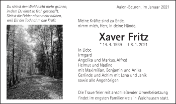 Traueranzeige von Xaver Fritz von Schwäbische Post