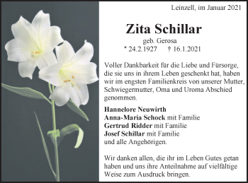 Traueranzeige von Zita Schillar von Gmünder Tagespost