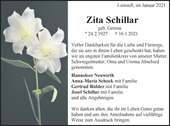 Traueranzeige von Zita Schillar