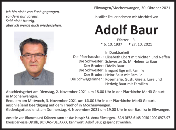 Traueranzeige von Adolf Baur von Schwäbische Post