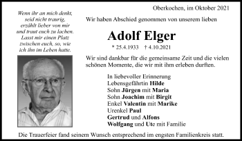 Traueranzeige von Adolf Elger von Amtsblatt_Oko