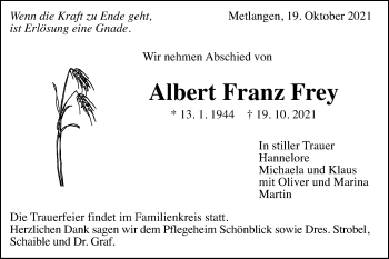 Traueranzeige von Albert Franz Frey