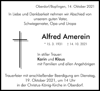 Traueranzeige von Alfred Amerein von Schwäbische Post