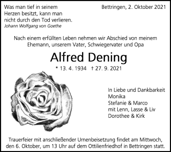 Traueranzeige von Alfred Dening von Gmünder Tagespost