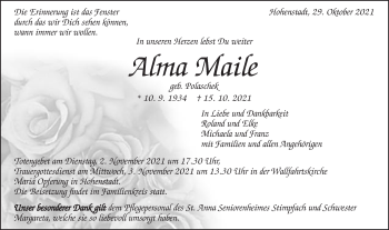 Traueranzeige von Alma Maile von Schwäbische Post