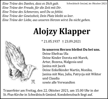 Traueranzeige von Alojzy Klapper von Gmünder Tagespost