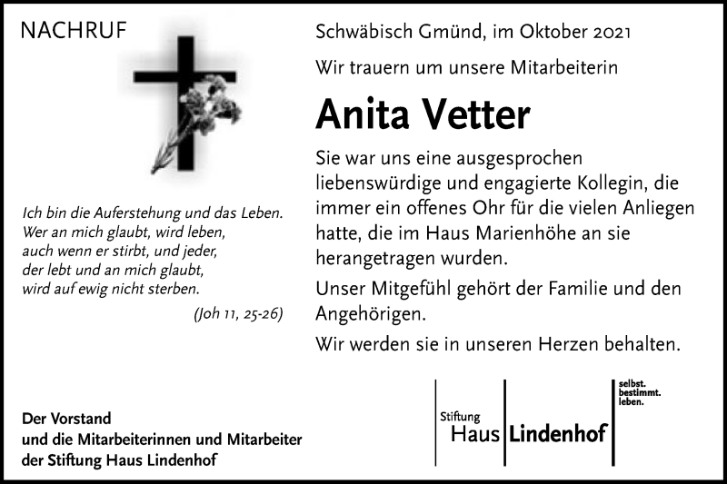  Traueranzeige für Anita Vetter  vom 02.10.2021 aus Schwäbische Post