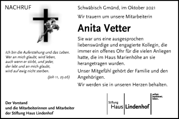 Traueranzeige von Anita Vetter  von Schwäbische Post