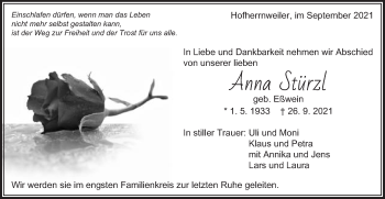 Traueranzeige von Anna Stürzl von Schwäbische Post