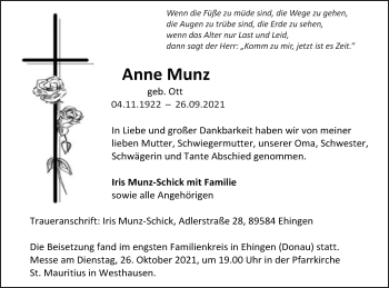 Traueranzeige von Anne Munz von Schwäbische Post