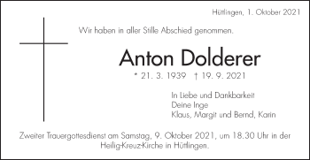 Traueranzeige von Anton Dolderer von Schwäbische Post