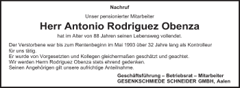 Traueranzeige von Antonio Rodriguez Obenza von Schwäbische Post