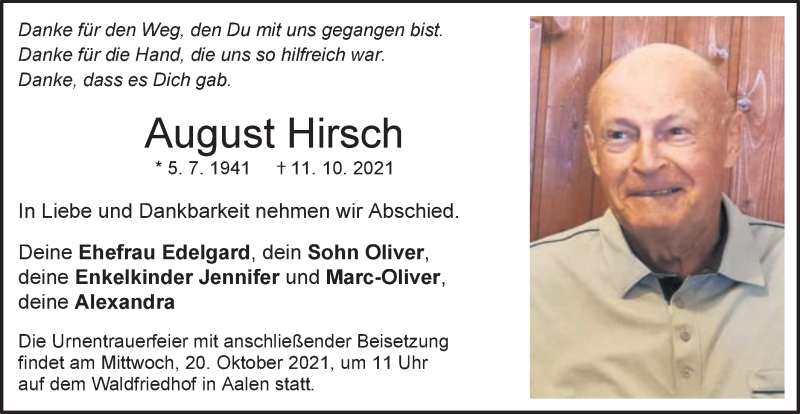  Traueranzeige für August Hirsch vom 16.10.2021 aus Schwäbische Post