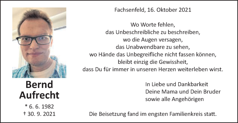  Traueranzeige für Bernd Aufrecht vom 16.10.2021 aus Schwäbische Post