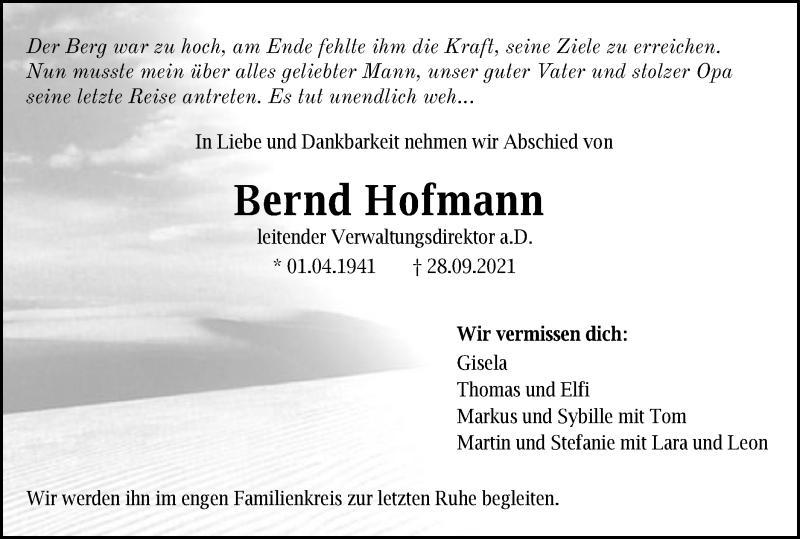  Traueranzeige für Bernd Hofmann vom 01.10.2021 aus Schwäbische Post