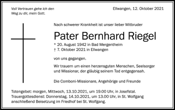 Traueranzeige von Bernhard Riegel von Schwäbische Post