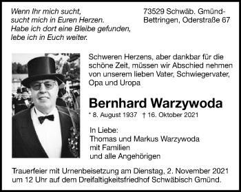 Traueranzeige von Bernhard Warzywoda von Gmünder Tagespost