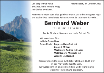 Traueranzeige von Bernhard Weber von Schwäbische Post