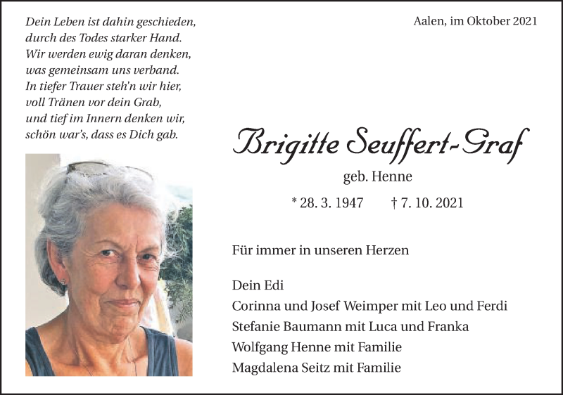  Traueranzeige für Brigitte Seuffert-Graf vom 12.10.2021 aus Schwäbische Post