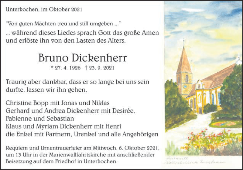  Traueranzeige für Bruno Dickenherr vom 02.10.2021 aus Schwäbische Post