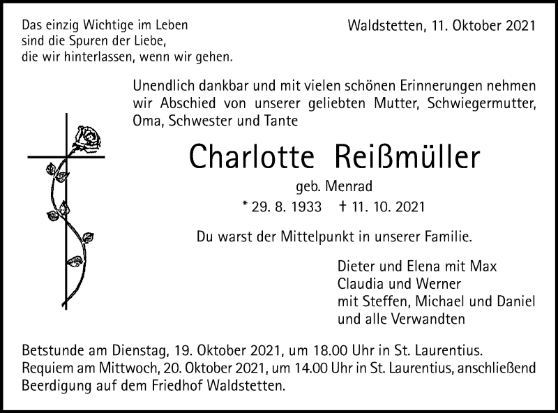  Traueranzeige für Charlotte Reißmüller vom 15.10.2021 aus Gmünder Tagespost