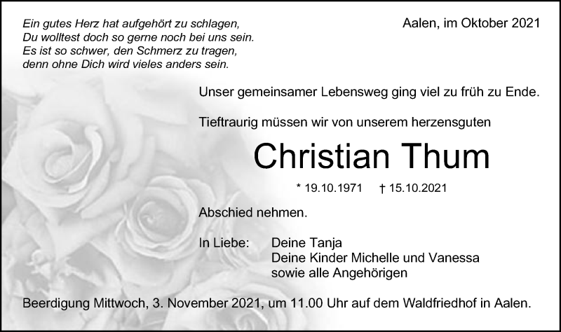  Traueranzeige für Christian Thum vom 30.10.2021 aus Schwäbische Post