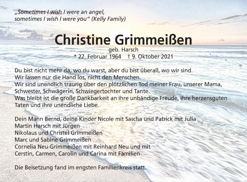  Traueranzeige für Christine Grimmeißen vom 30.10.2021 aus Schwäbische Post