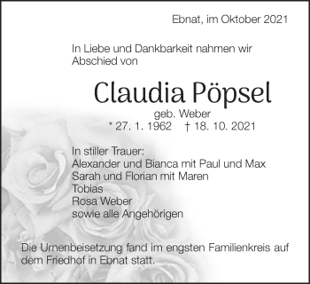 Traueranzeige von Claudia Pöpsel von Schwäbische Post