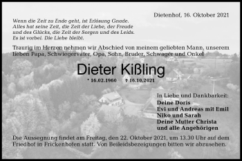 Traueranzeige von Dieter Kißling von Gmünder Tagespost