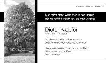 Traueranzeige von Dieter Klopfer von Gmünder Tagespost