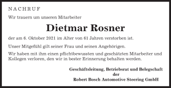 Traueranzeige von Dietmar Rosner von Gmünder Tagespost