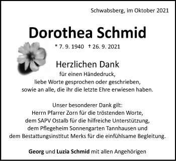 Traueranzeige von Dorothea Schmid  von Schwäbische Post