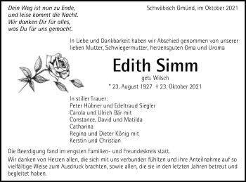 Traueranzeige von Edith Simm von Gmünder Tagespost