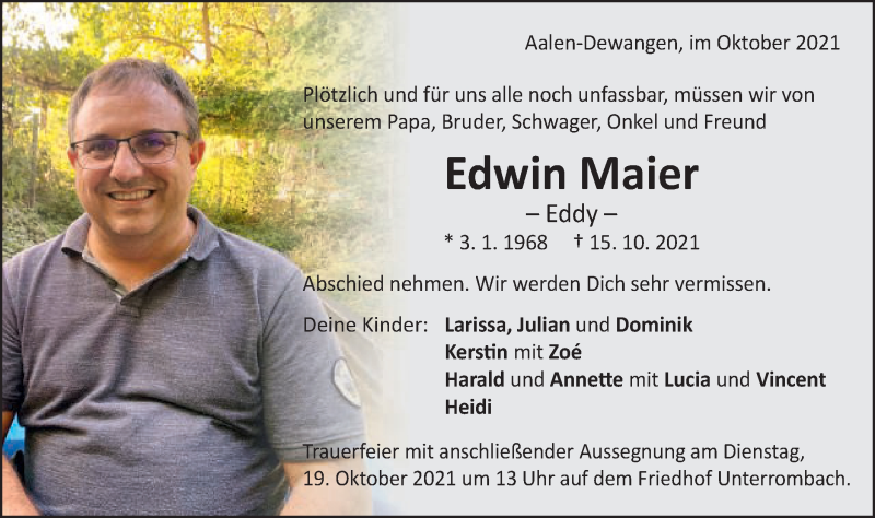  Traueranzeige für Edwin Maier vom 16.10.2021 aus Schwäbische Post