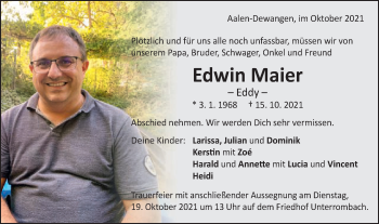 Traueranzeige von Edwin Maier von Schwäbische Post