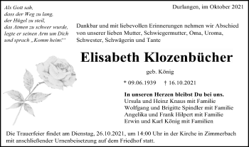 Traueranzeige von Elisabeth Klozenbücher von Gmünder Tagespost