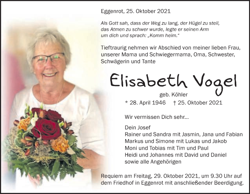  Traueranzeige für Elisabeth Vogel vom 27.10.2021 aus Schwäbische Post
