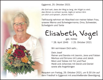 Traueranzeige von Elisabeth Vogel von Schwäbische Post
