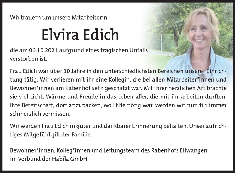  Traueranzeige für Elvira Edich vom 13.10.2021 aus Schwäbische Post