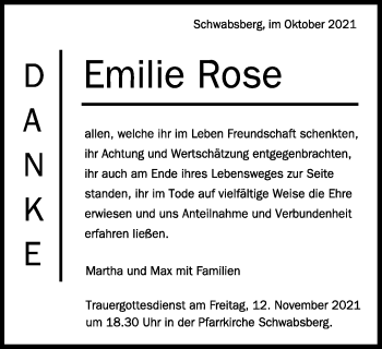 Traueranzeige von Emilie Rose von Schwäbische Post