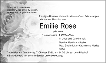 Traueranzeige von Emilie Rose von Schwäbische Post