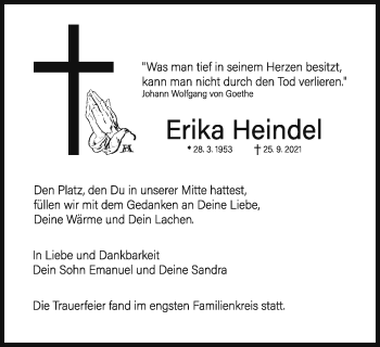 Traueranzeige von Erika Heindel von Schwäbische Post