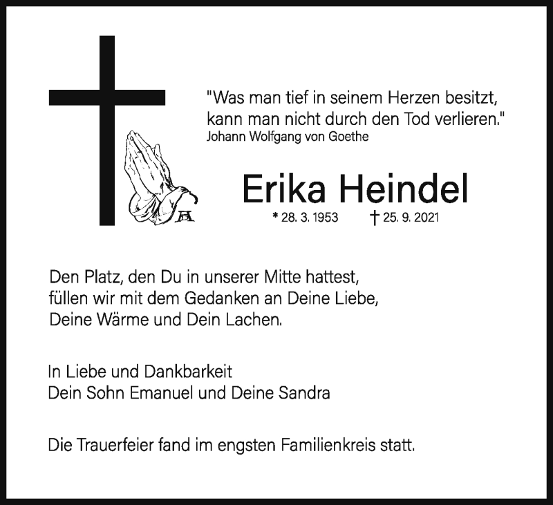  Traueranzeige für Erika Heindel vom 16.10.2021 aus Schwäbische Post