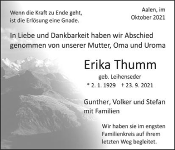 Traueranzeige von Erika Thurmm von Schwäbische Post