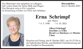 Traueranzeige von Erna Schrimpf von Gmünder Tagespost
