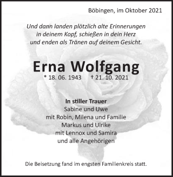 Traueranzeige von Erna Wolfgang von Gmünder Tagespost