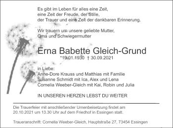 Traueranzeige von Erna Babette Gleich-Grund von Schwäbische Post