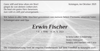 Traueranzeige von Erwin Fischer von Schwäbische Post