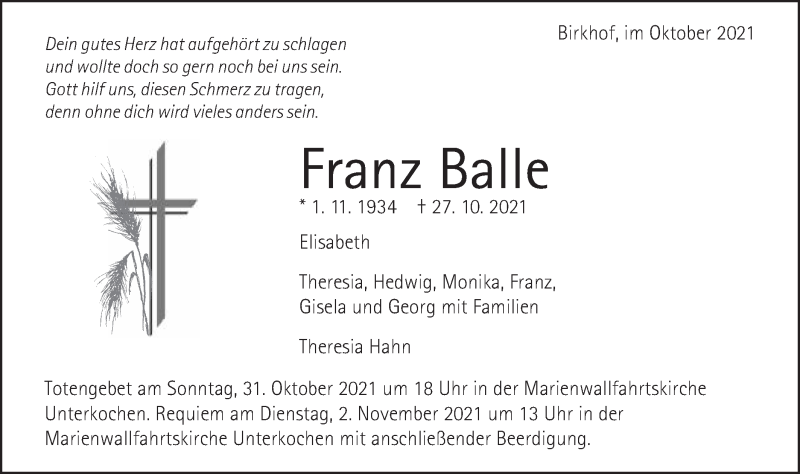  Traueranzeige für Franz Balle vom 29.10.2021 aus Schwäbische Post
