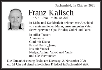 Traueranzeige von Franz Kalisch von Schwäbische Post